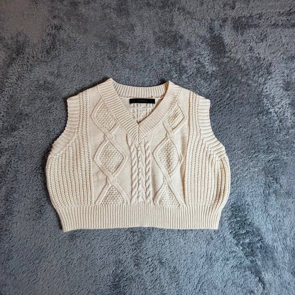 Hesperus Cream Cable Knit V-Neck Sweater Vest Cropped HT7146 Ivory XS